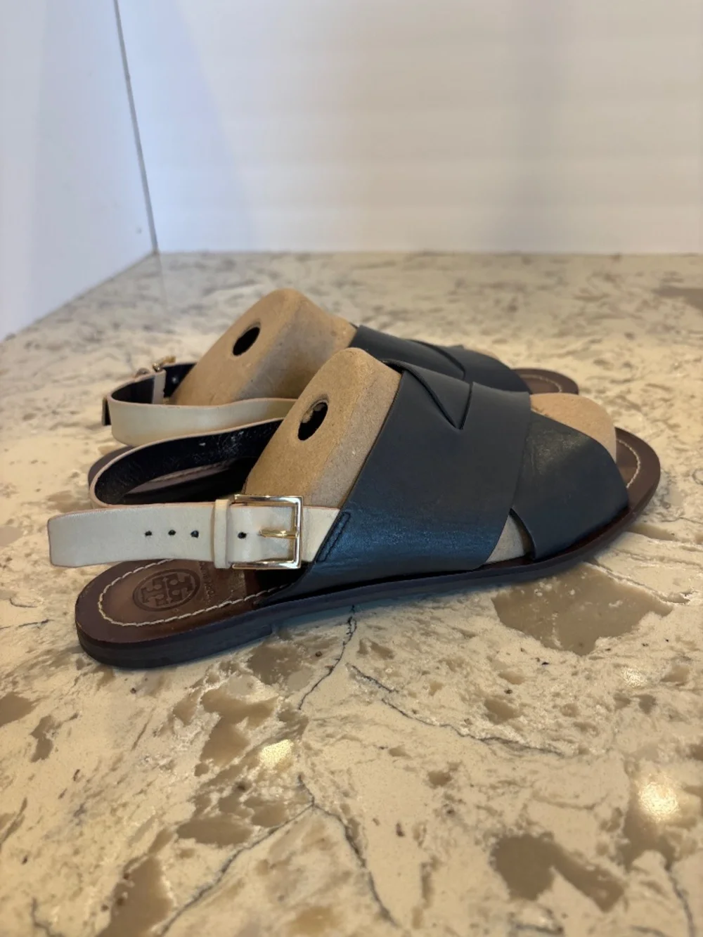 Tory Burch Navy Leather Criss Cross Slingback Sandals Cream Strap Size 11